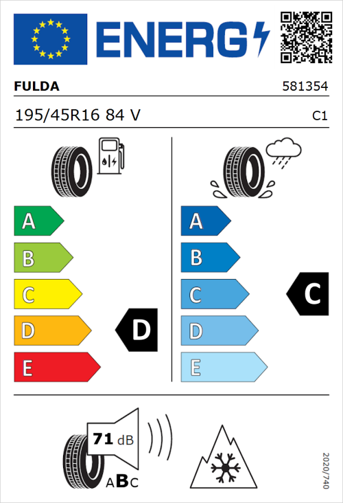 Tyre Label for Fulda Kristall Control HP2 195/45R16 84V