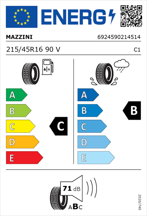 Tyre Label for Mazzini Eco 606 215/45R16 90V