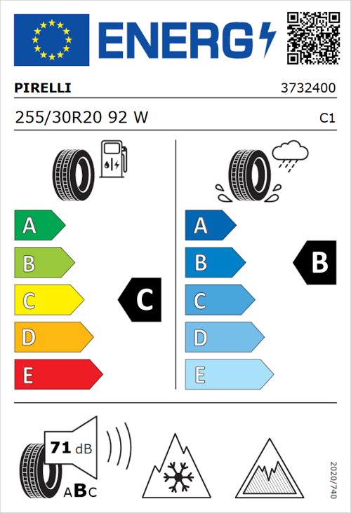 Tyre Label for Pirelli P Zero Winter 255/30R20 92W
