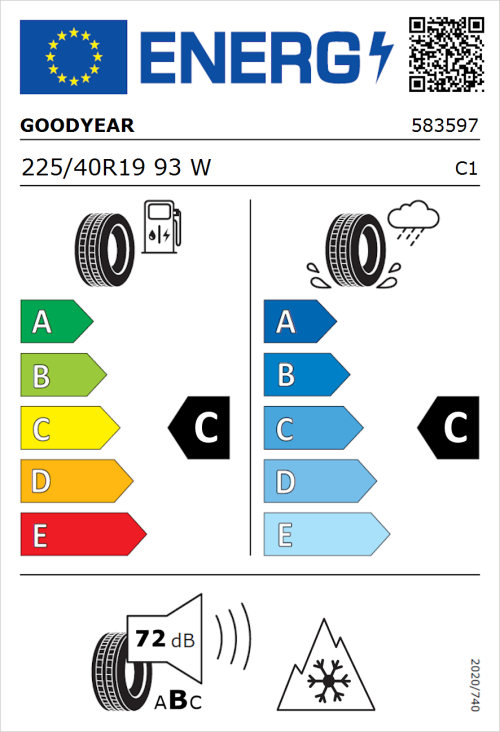 Tyre Label for Goodyear Vector 4Seasons Gen 3 SUV 225/40R19 93W