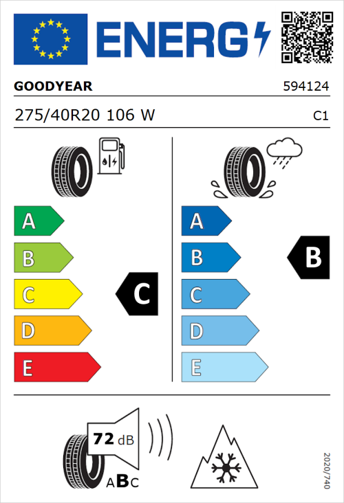 Tyre Label for Goodyear Vector 4Seasons Gen 3 SUV 275/40R20 106W