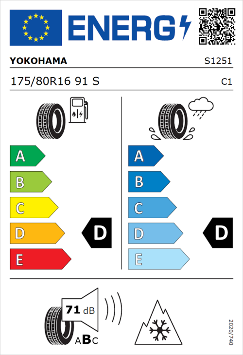 Tyre Label for Yokohama BluEarth-Es ES32 175/80R16 91S