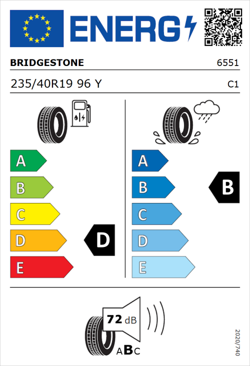 Tyre Label for Bridgestone Potenza RE050A 235/40R19 96Y