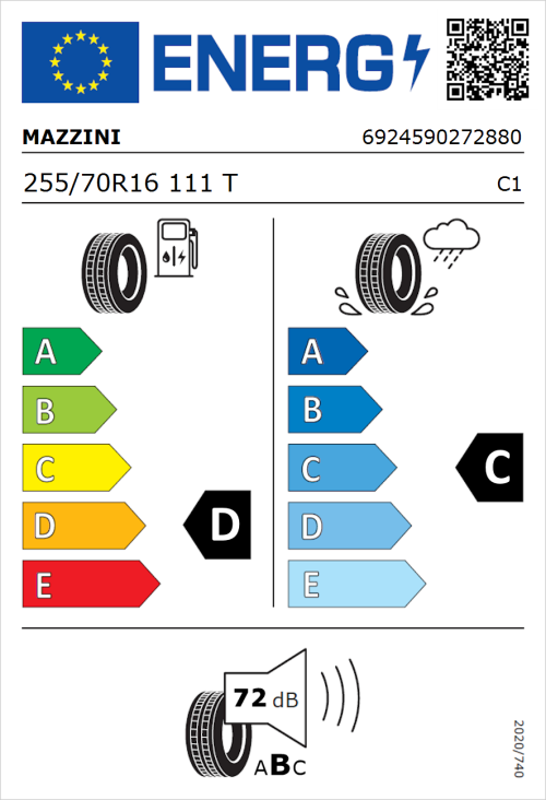 Tyre Label for Mazzini Ecosaver 255/70R16 111T