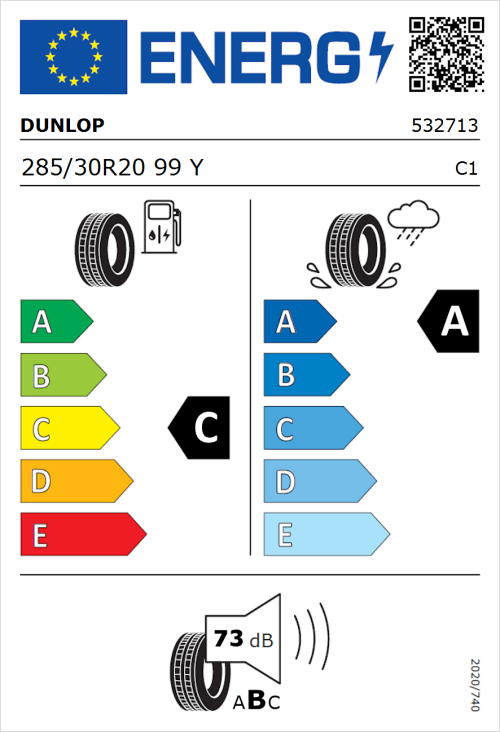 Tyre Label for Dunlop SP Sport Maxx RT 2 285/30R20 99Y